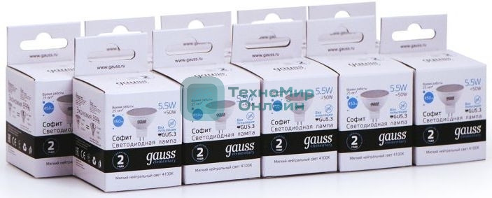 Лампа светодиодная Gauss Elementary MR16 5.5Вт цок.: GU5.3 спот 220B 4100K св. свеч. белый. ней. (упак.: 10 шт)