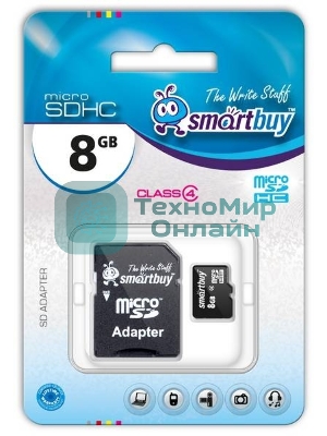 Флеш карта microSD 8Gb, Smartbuy microSDHC Class 10 (SD адаптер)