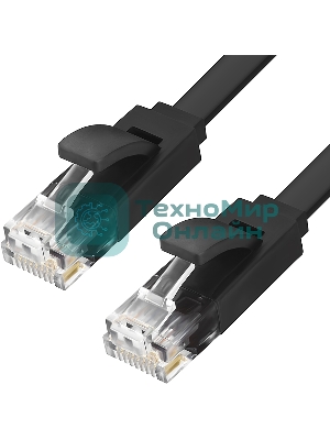 Патч-корд Greenconnect плоский прямой PROF 15.0m UTP медь, cat.6, черный, позолоченные контакты, 30 AWG, Premium ethernet high speed 10 Гбит/с, RJ45, T568B (GCR-LNC616-15.0m)