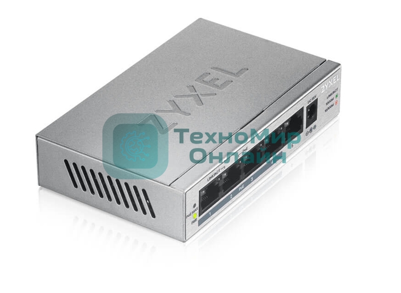 Коммутатор Zyxel GS1005HP Switch PoE +, 5xGE (4xPoE +), desktop, metal, silent, PoE budget 60 W
