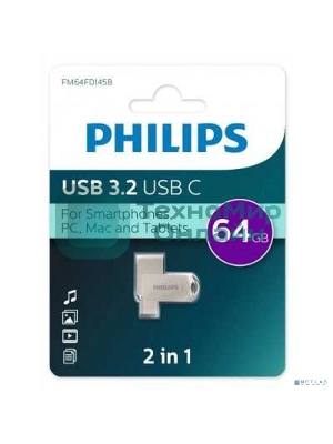 Флешка USB 64Gb PHILIPS 2-in-1 USB 3.2 USB C, OTG, USB 3.2/Type-C, Металл, 100 Mb/s