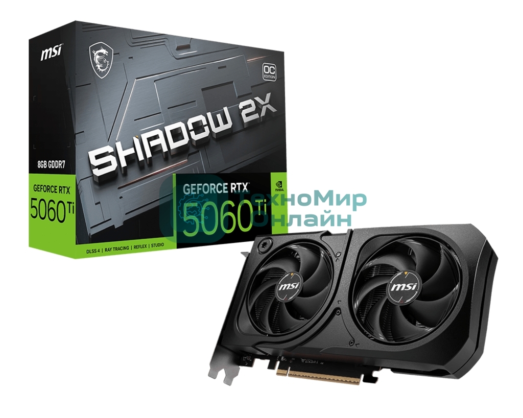 Видеокарта MSI RTX 5060 Ti 8G SHADOW 2X OC PLUS, NVIDIA RTX 5060 Ti, 8 ГБ GDDR7, 128 бит, PCI-e 5.0, 1xHDMI, 3xDP, 2617 МГц
