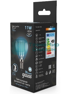 Лампа светодиодная филаментная Gauss Filament 11Вт цок.: E14 шар 220B 4100K св. свеч. белый нейт. (упак.: 10 шт)