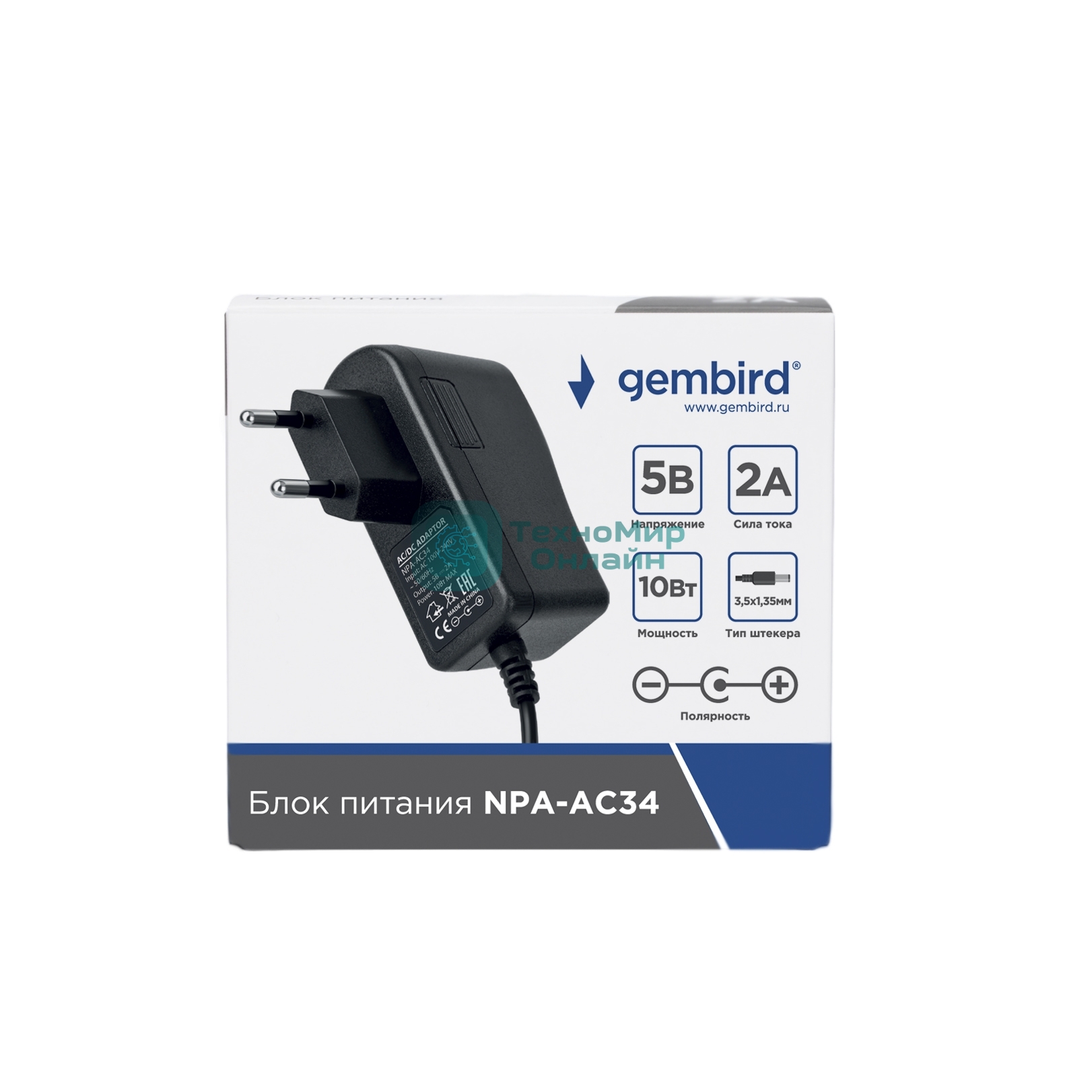 Блок питания Gembird NPA-AC34, 5В/2А, 10Вт, 1 штекер 3.5х1.35мм, черный