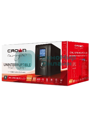 Источник бесперебойного питания CROWN 800VA/450W, металл, 1x12V/9AH, розетки 3*EURO+1*IEC bybass, трансформатор AVR 145-280V, LCD дисплей, съемный кабель 1.2м, фильтр телефонной и ethernet линии RJ11/45, защита батареи, от перегрузки, от КЗ