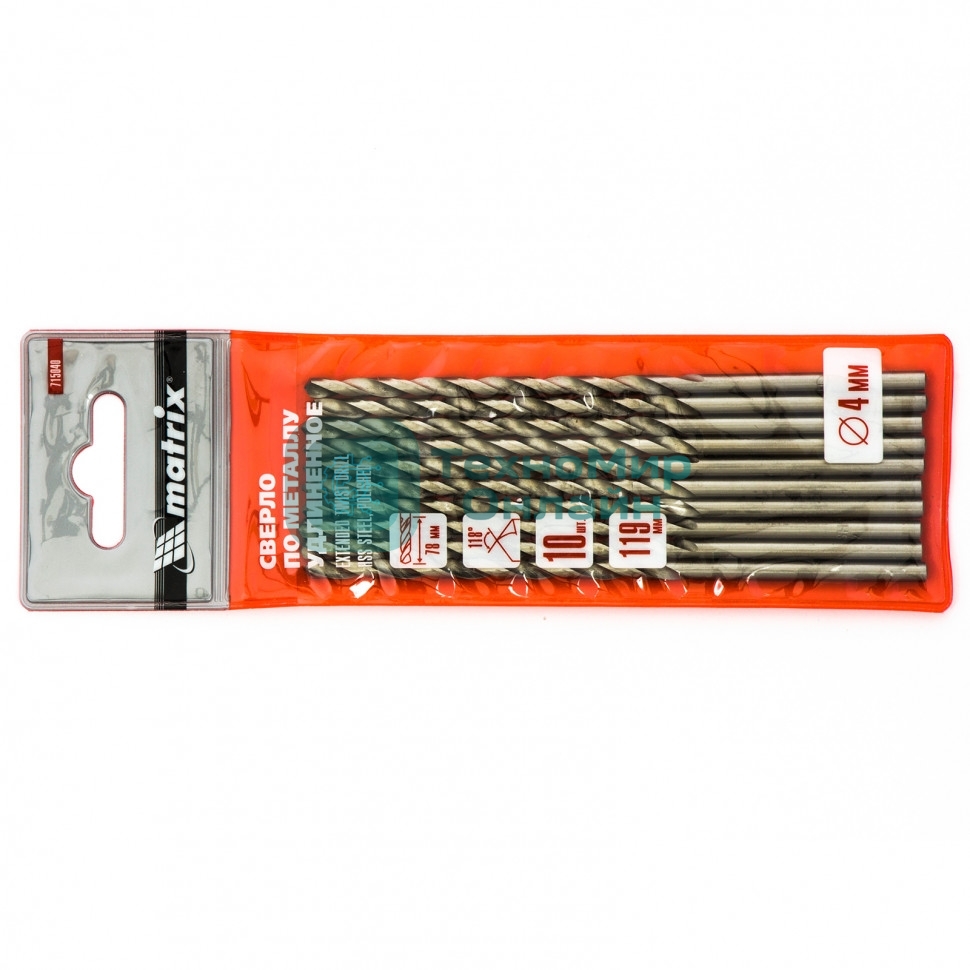 Сверло по металлу Matrix, 4 х 119 мм полированное, удл 10 шт 715040