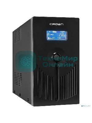 Источник бесперебойного питания CROWN 800VA/450W, металл, 1x12V/9AH, розетки 3*EURO+1*IEC bybass, трансформатор AVR 145-280V, LCD дисплей, съемный кабель 1.2м, фильтр телефонной и ethernet линии RJ11/45, защита батареи, от перегрузки, от КЗ