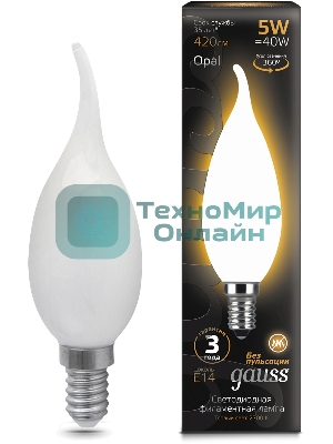 Лампа светодиодная филаментная Gauss Filament 5Вт цок.: E14 свеча 220B св. свеч. бел. теп. (упак.: 10 шт)