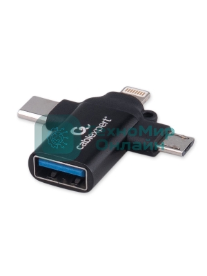 Переходник USB3.1 Cablexpert A-USB3.1-AF-3in1, AF/Type-C(M)+MicroUSB(M)+Lightning(M), с поддержкой OTG, черный, пакет