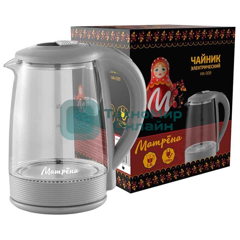 Чайник электрический Матрена MA-009 2 л стекло/пластик, серый