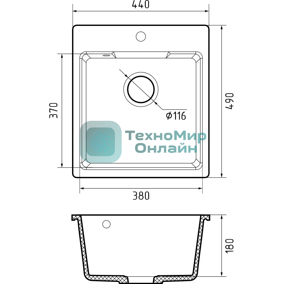 Мойка GRANFEST URBAN 644 1-чаша 440x490мм, монтаж: врезной, материал: кварц, серый