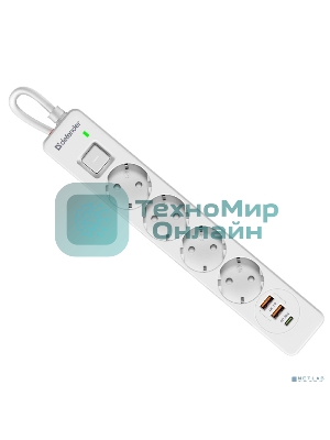 Удлинитель с сетевым фильтром Defender DFS 143, белый, 4розетки, USB+TypeC, 3 м.