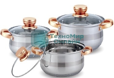 Набор посуды Kelli KL-4216 6 пред. (Кастрюля с жаропрочной стекл. крышкой 2.1 л. Кастрюля с жаропрочной стекл. крышкой 3 л. Кастрюля с жаропрочной стекл. крышкой 4 л. Мерная шкала внутри. Высококачественная нерж. сталь 18/10. 5-ти слойное капсульное дно.)
