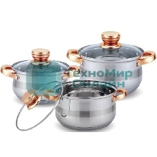 Набор посуды Kelli KL-4216 6 пред. (Кастрюля с жаропрочной стекл. крышкой 2.1 л. Кастрюля с жаропрочной стекл. крышкой 3 л. Кастрюля с жаропрочной стекл. крышкой 4 л. Мерная шкала внутри. Высококачественная нерж. сталь 18/10. 5-ти слойное капсульное дно.)