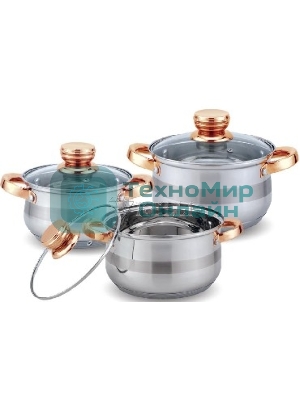 Набор посуды Kelli KL-4216 6 пред. (Кастрюля с жаропрочной стекл. крышкой 2.1 л. Кастрюля с жаропрочной стекл. крышкой 3 л. Кастрюля с жаропрочной стекл. крышкой 4 л. Мерная шкала внутри. Высококачественная нерж. сталь 18/10. 5-ти слойное капсульное дно.)