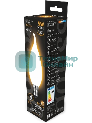 Лампа светодиодная филаментная Gauss Filament 5Вт цок.: E14 свеча 220B св. свеч. бел. теп. (упак.: 10 шт)