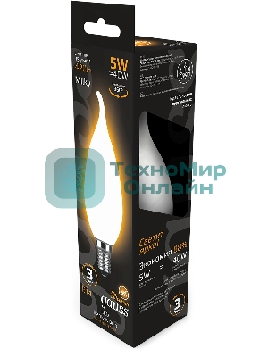 Лампа светодиодная филаментная Gauss Filament 5Вт цок.: E14 свеча 220B св. свеч. бел. теп. (упак.: 10 шт)