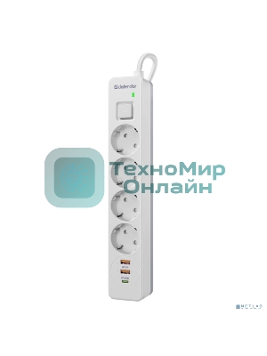 Удлинитель с сетевым фильтром Defender DFS 143, белый, 4розетки, USB+TypeC, 3 м.
