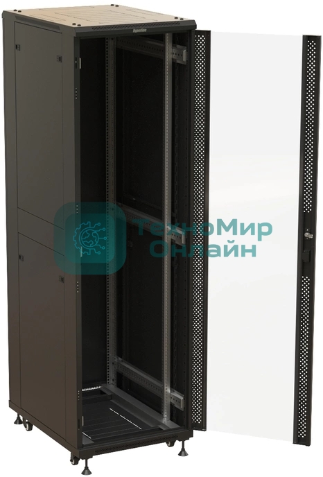 Шкаф серверный Hyperline (TTbR-4261-AS-RAL9004) напольный 42U 600x1000мм пер.дв.стекл задн.дв.спл.стал.лист 2 бок.пан. 800кг черный 910мм 2055мм IP20 сталь