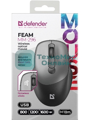 Мышь беспроводная Defender Feam MM-296 черный, 1600 dpi, радиоканал, USB, кнопки - 4