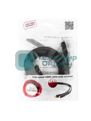 Кабель Cablexpert HDMI CC-HDMI4F-6, 19M/19M, v2.0, медь, позол.разъемы, экран, плоский кабель, 1.8м, черный, пакет