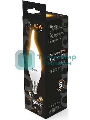Лампа светодиодная Gauss 6.5Вт цок.: E14 свеча 220B 3000K св. свеч. бел. теп. (упак.: 10 шт)