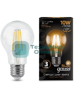 Лампа светодиодная филаментная Gauss 10Вт цок.: E27 шар 220B 2700K св. свеч. белый теп. A60 (упак.: 10 шт) (102802110)
