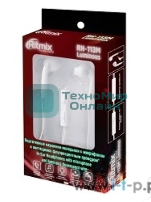 Проводные наушники Ritmix RH-113M Luminous мультиколор, вкладыши, Jack 3.5 мм, микрофон на кабеле