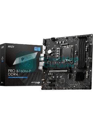 Материнская плата MSI PRO B760M-P DDR4, LGA 1700, Intel B760, 4xDDR4, 4xSATA, 2xM.2, 1xPCIe 4.0 x16, 2xPCIe 3.0 x1, 1xHDMI, 1xDP, 1xVGA, 1x1Gb LAN, 4xUSB-A 2.0, 1xUSB-A 3.2 Gen 1, 1xUSB-C 3.2 Gen 2, 3x3.5 мм, 7.1, mATX