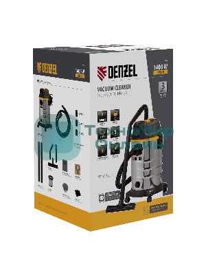 Строительный пылесос Denzel RVC30 серебристый, 1400 Вт, уборка сухая/сбор воды/выдув, пылесборник мешок, 30 л