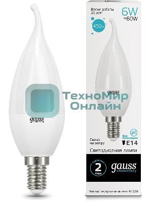 Лампа светодиодная Gauss Elementary 6Вт цок.: E14 свеча 220B 4100K св. свеч. бел. нейт. (упак.: 10 шт)