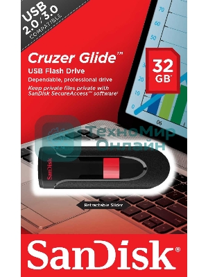 Флешка USB Sandisk CZ60 Cruzer Glide (SDCZ60-032G-B35), 32Gb, USB 2.0, R/W 30/8, черный/красный