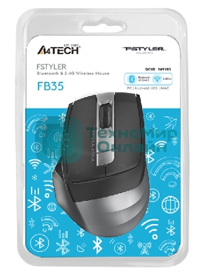 Мышь беспроводная A4Tech Fstyler FB35 серый, 2000 dpi, радиоканал, Bluetooth, USB, кнопки - 6