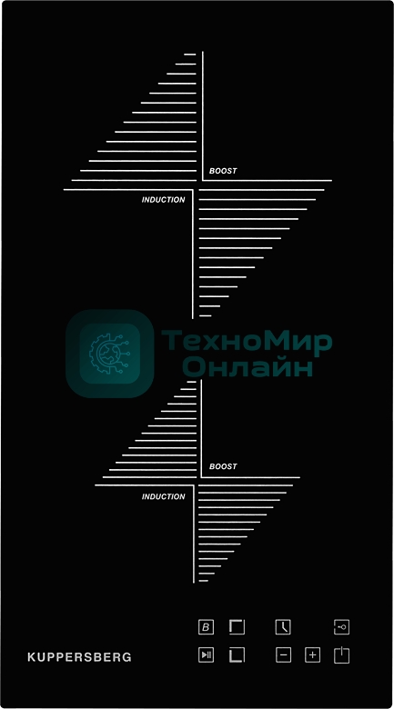 Индукционная варочная панель Kuppersberg ICO 301/домино, ширина 30 см, 2 зоны индукционного нагрева, сенсорное управление, 3 цифровых дисплея, 9 уровней мощности, таймер,автоотключение, защита от перелива, защита от детей, индикаторы остаточного тепла, Stop & Go, черный/прямой край