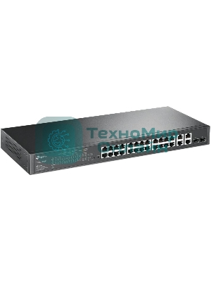 Коммутатор сетевой JetStream 24-port 10/100Mbps + 4-port Gigabit L2 Smart Switch with 24-port PoE+, PoE budget up to 250W, support PoE power management, with abundant L2 features,1U rack mountable, full managed via web UI/CLI/SSH/Telnet/SNMP