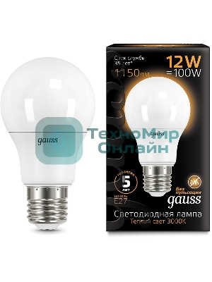 Лампа светодиодная Gauss A60 12Вт цок.: E27 шар 220B 3000K св. свеч. бел. теп. A60 (упак.: 10 шт)