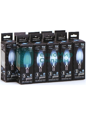 Лампа светодиодная филаментная Gauss 9Вт цок.:E14 свеча 220B 4100K св.свеч.бел.ней. C37 (упак.:10шт)