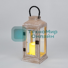 Фонарь декоративный Neon-night со свечкой, корпус из дерева, бежевый, 15х15х38cм, теплый белый