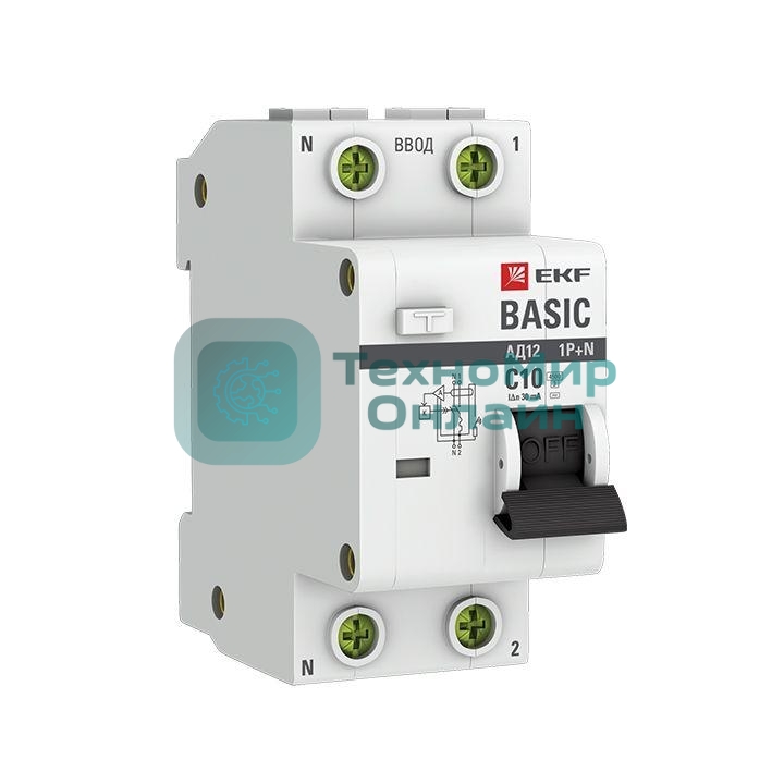 Выключатель автоматический дифференциального тока 1п+N С 10А 30мА тип АС эл. 4.5кА АД-12 Basic EKF DA12-10-30-bas