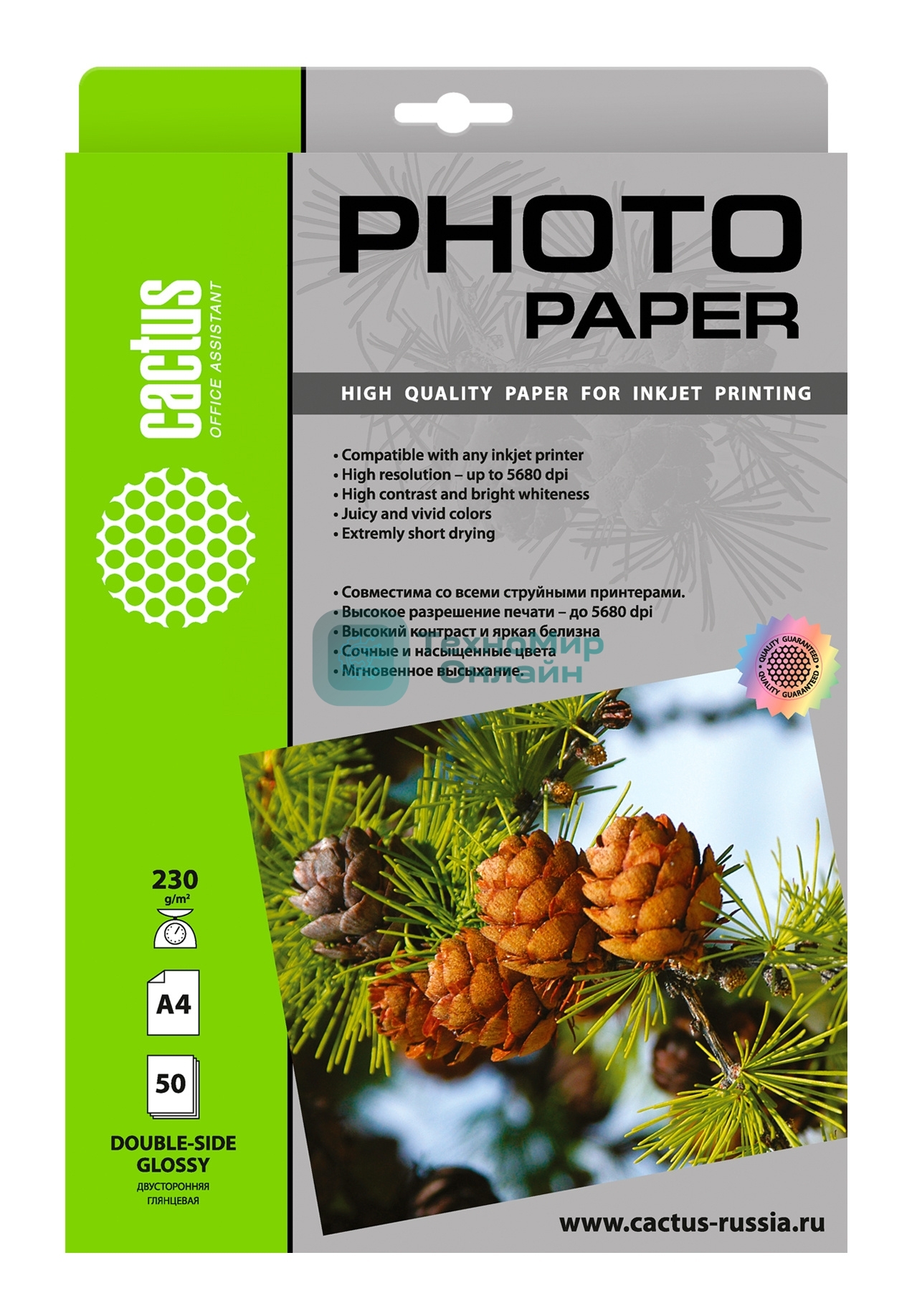 Фотобумага Cactus CS-GA423050DS A4/230г/м2/50л./белый глянцевое/глянцевое для струйной печати