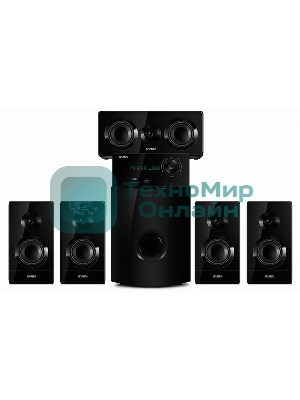 Аудиоколонки SVEN HT-210, черный, акустическая система 5.1, мощность (RMS):50Вт+5x15Вт, Bluetooth, Optical, Coaxial, FM-тюнер, USB/SD, дисплей, ПДУ