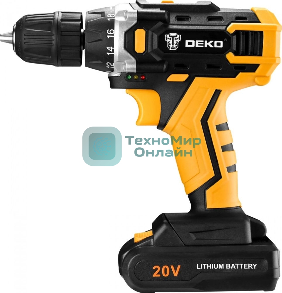 Аккумуляторная дрель DEKO DKCD20FU-Li (063-4103) 20В 1.5Ahx2 63 с набором 63 предмета в кейсе