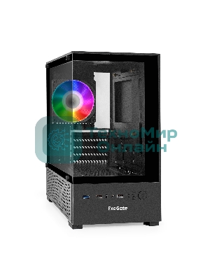Компьютерный корпус Minitower ExeGate i3 SEA (mATX, БП 800NPX, 2*USB+1*USB 3.0, HD аудио, черный, 1 вент. 12см с RGB подсветкой, передняя и боковая панели - закаленное стекло)