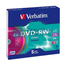 Диск DVD-RW Verbatim 4.7Gb 4x Slim case (5шт) Color (43563)