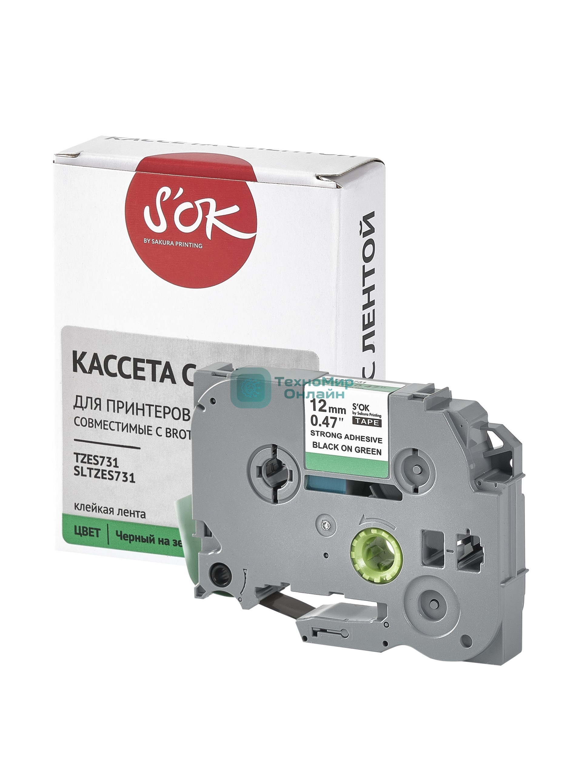 Кассета с лентой S'OK by Sakura Printing TZES731 для Brother, черный на зеленом, 12мм/8м, наклейка