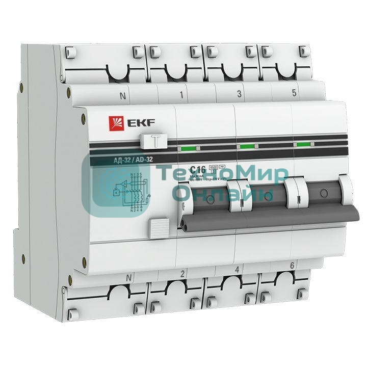 Выключатель автоматический дифференциального тока 3п+N C 16А 30мА тип AC 4.5кА АД-32 PROxima EKF DA32-16-30-4P-pro
