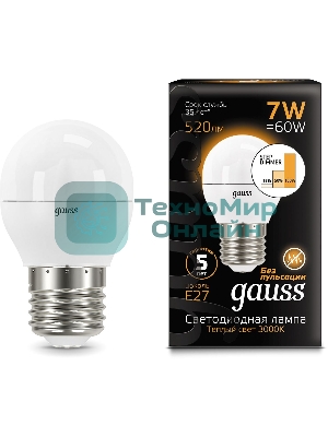 Лампа светодиодная Gauss Black 6.5Вт цок.: E27 шар 220B 3000K св. свеч. бел. теп. G45 (упак.: 10 шт)