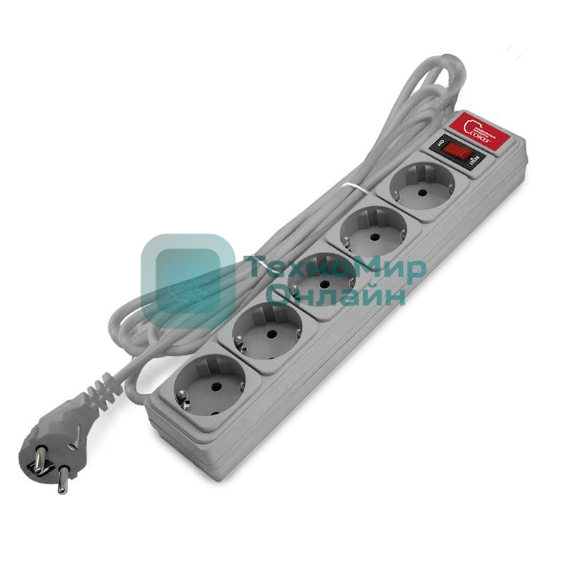 Удлинитель с сетевым фильтром 5х3 м 10А ПВС 3х0.75 серый, Союз 1329