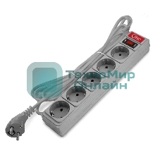 Удлинитель с сетевым фильтром 5х3 м 10А ПВС 3х0.75 серый, Союз 1329