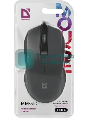 Мышь проводная Defender MM-310 черный, 1000 dpi, USB, кнопки - 3